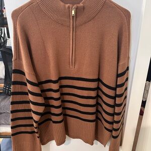 DKNY Women's Brown and Black Striped Zip-Up Sweater